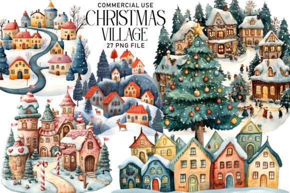 Download Christmas Village Watercolor Bundle - Christmas village watercolor Collection