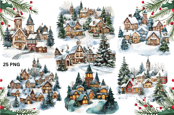 Download Christmas Village Watercolor Bundle - Christmas village watercolor Collection