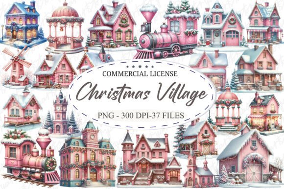 Download Christmas Village Watercolor Bundle - Christmas village watercolor Collection