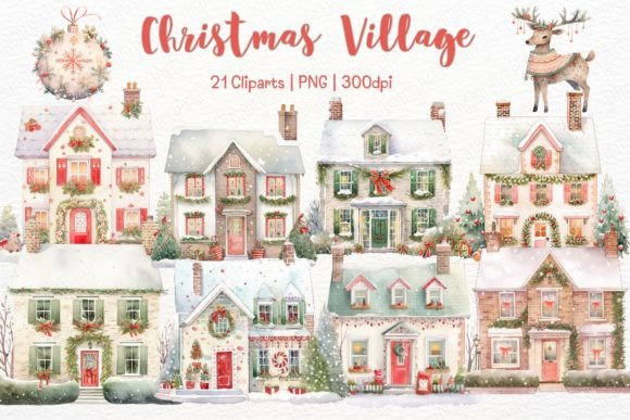Download Christmas Village Watercolor Clipart - Christmas village watercolor Collection