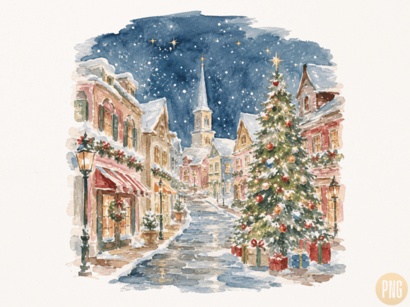 Download Vintage Christmas Village Watercolor PNG - Christmas village watercolor Collection