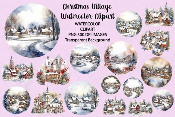Download Christmas Village Watercolor Clipart - Premium Resources