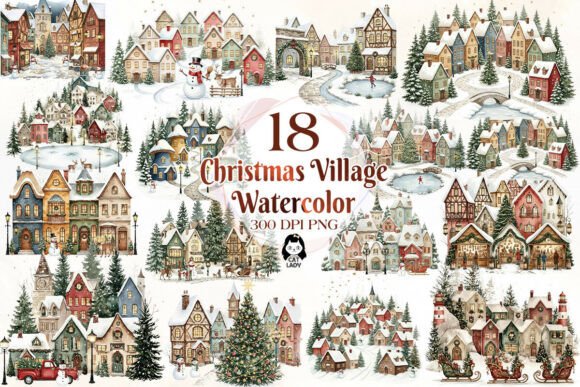 Download Christmas Village Watercolor Bundle - Christmas village watercolor Collection